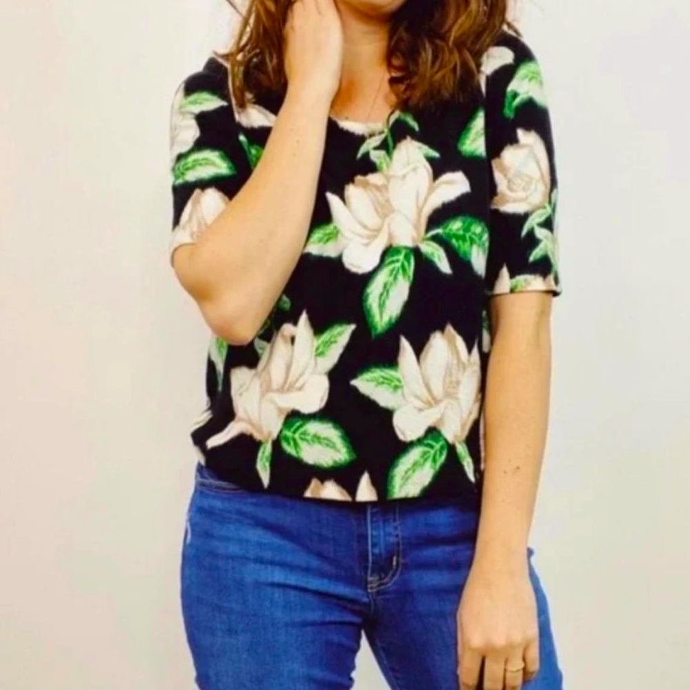 Anthropologie Postmark Kobus Floral Zip Detail Boxy Top Green/Black Size M